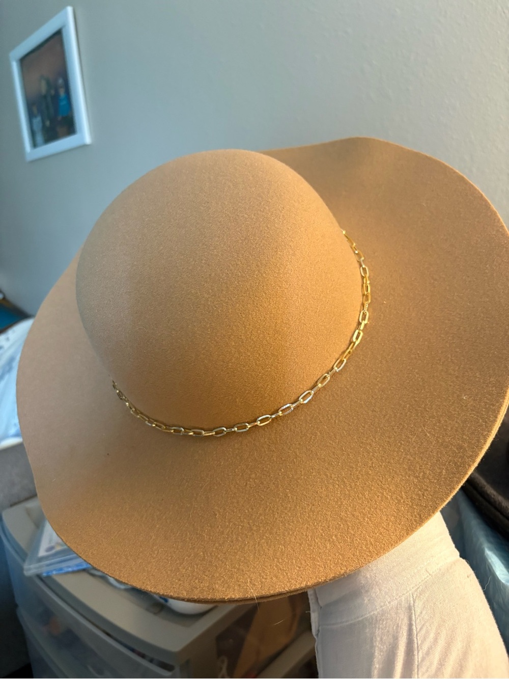 a new day Camel Felt Wide-Brim Fedora with Gold Chain